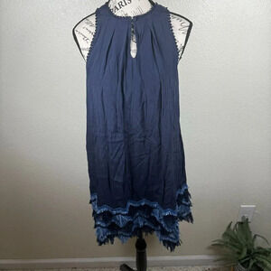 Anthropologie Maeve Swing Fringe Hem Mini Dress Blue Size 0 Sleeveless Sequins